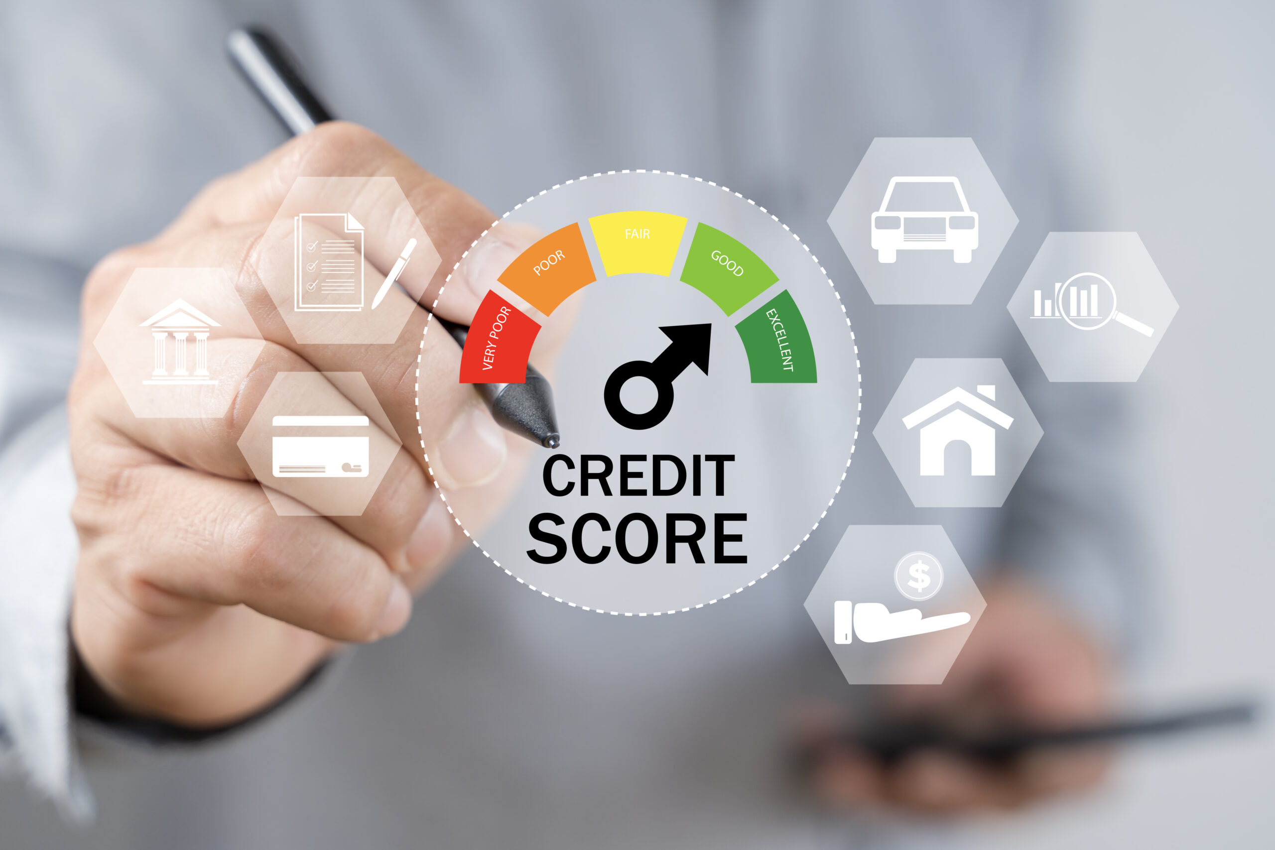 Credit score concept.Businessman evaluate customer statistical data with credit score icon. Online credit score ranking check. Loan, mortgage and payment cards.