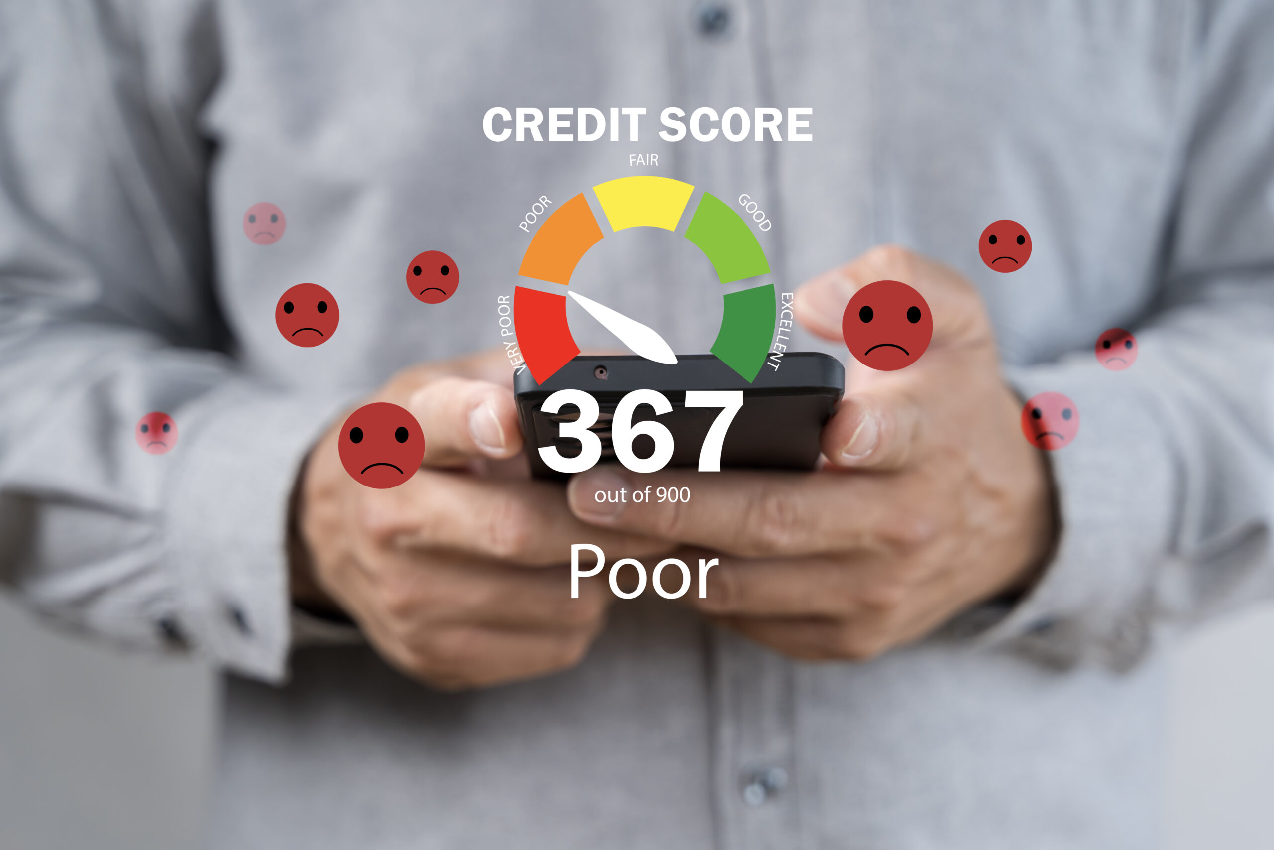 Person holding a smartphone with bad credit score meter on the screen. Bad credit score theme with man using smartphone in home office