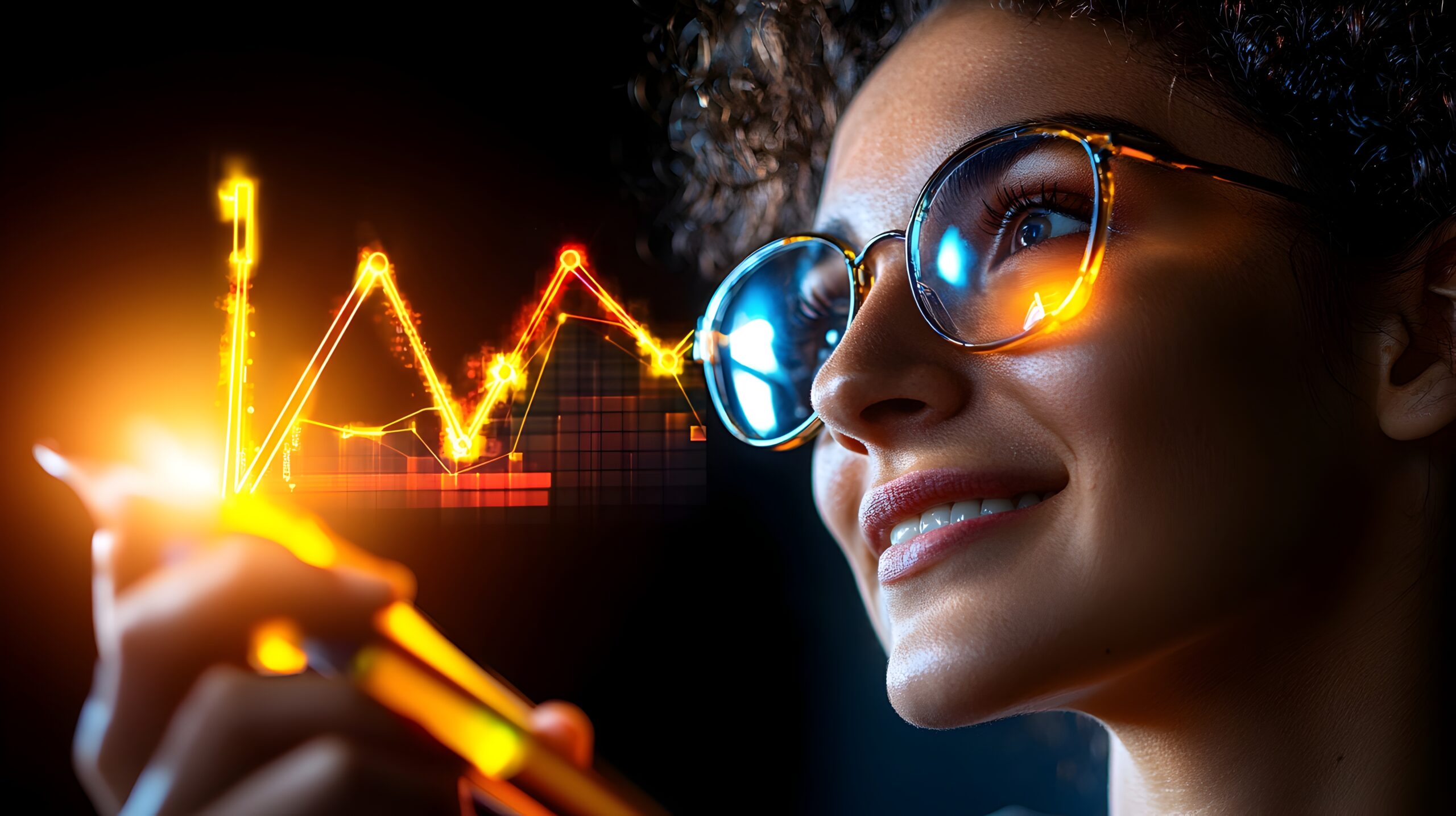 Business Professional Visualizing Digital Growth Trends and Analytics with Glowing Marker on Clean White Canvas Background