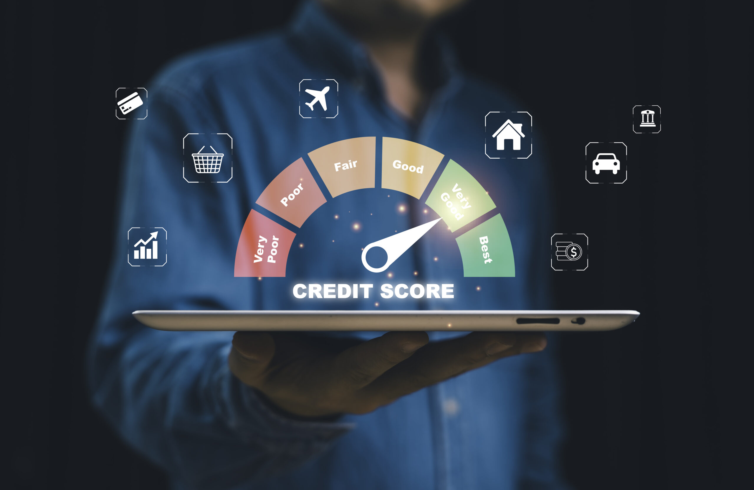Digital credit score gauge displayed above tablet shows financial rating from poor to best symbolizing personal finance creditworthiness loan approval banking technology and money management concept.